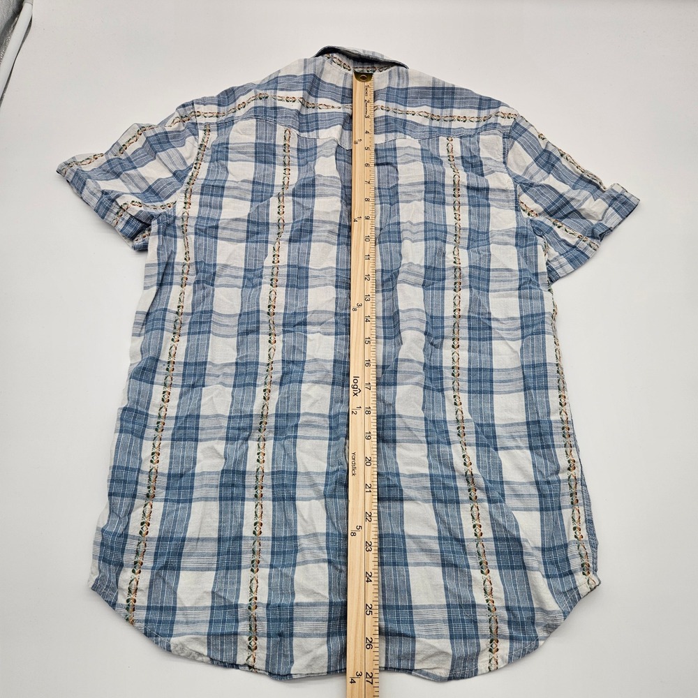Lucky Brand Short Sleeve Plaid Western Shirt S P Blue‎ White Embroidered - Picture 4 of 6